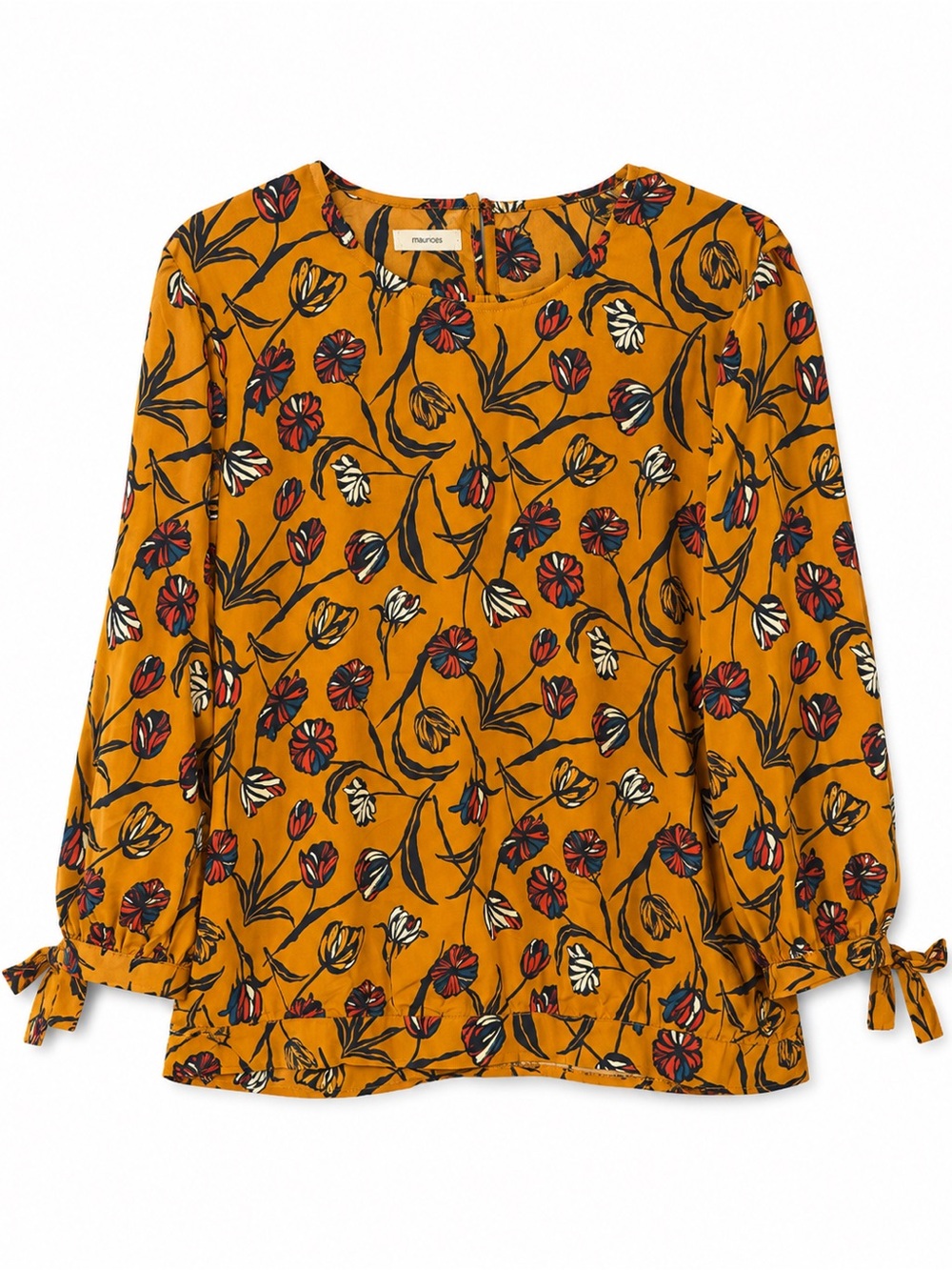 Maurices Mustard Floral Print Tie Cuff Long Sleeve Blouse XL